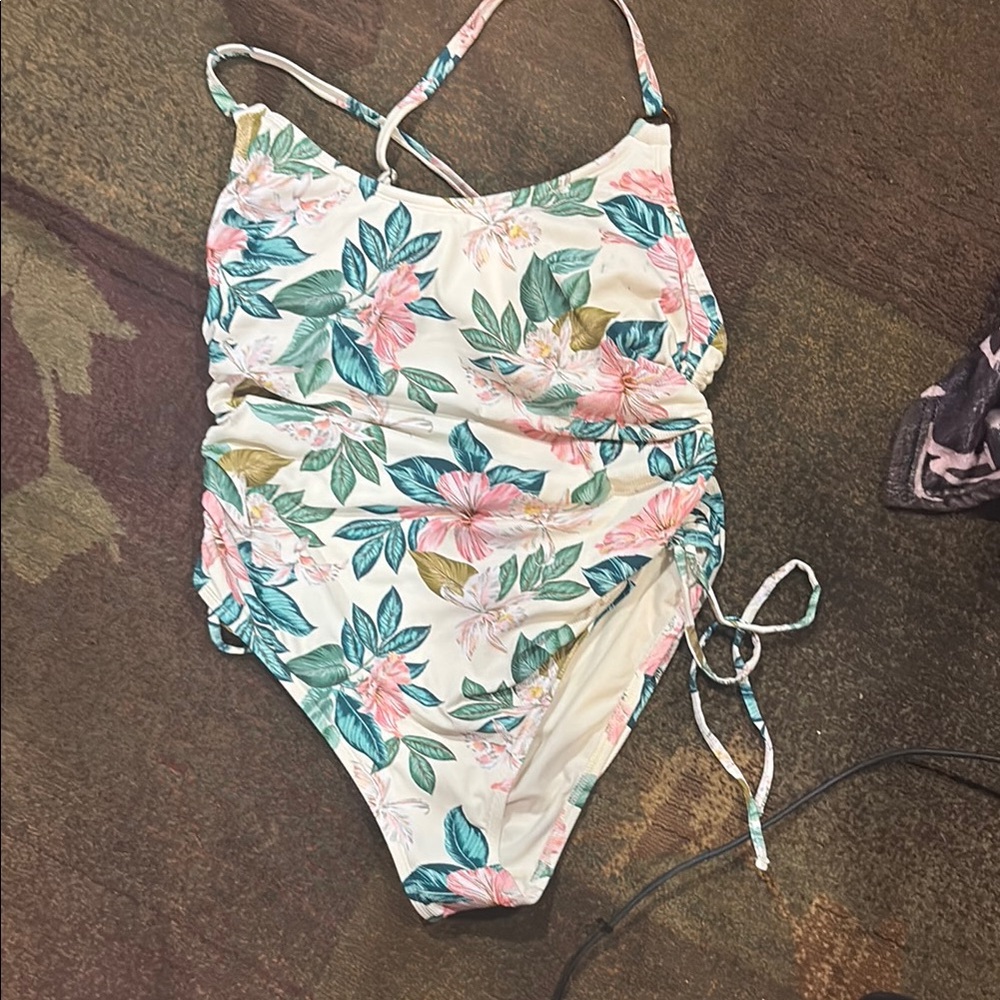 Kona Sol White and Pink One Piece Swimsuit with Adjustable Straps